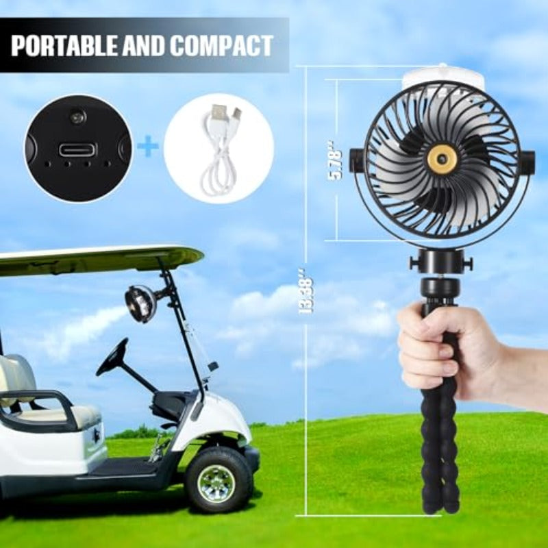 Golf Cart Fan with Mist Rechargeable Battery Operated Portable Fan with Flexible Tripod 360Pivot 5 Speeds 2400mAh 10Hrs Work Cooling for Treadmill Car Travel Work Beach Office Outdoor