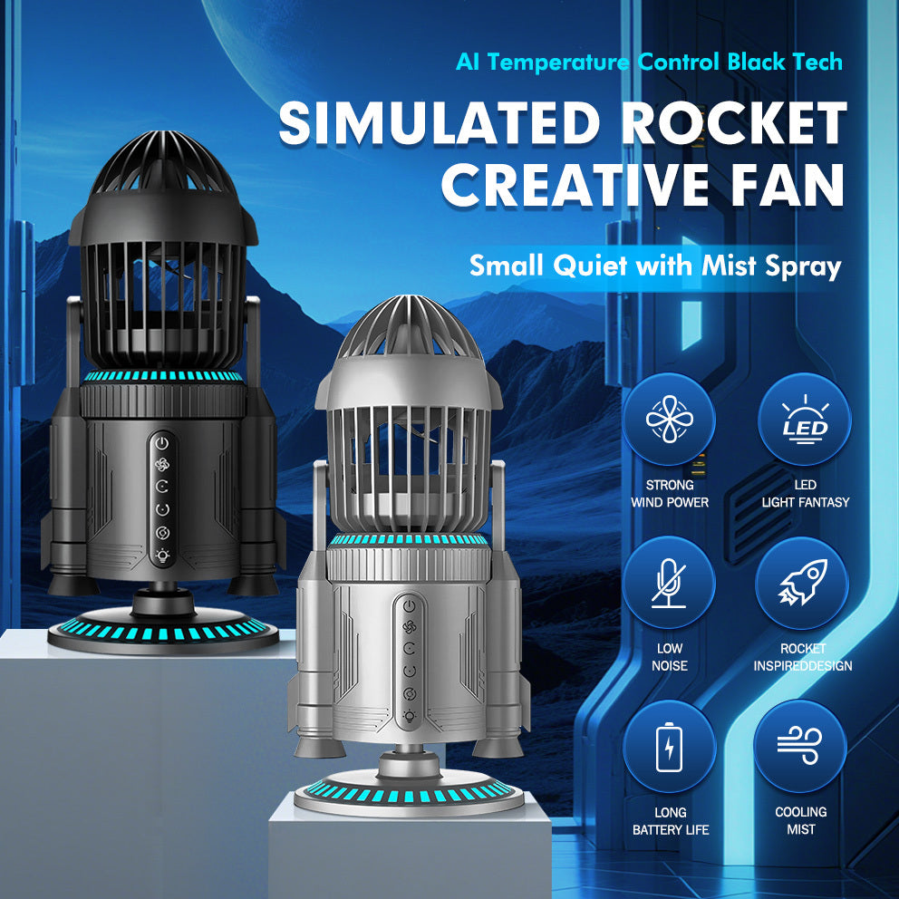 2025 Fan simulates rocket launch with mist function - 12 hours operation, silent, 360° rotation, dynamic LED effects, suitable for cooling in game rooms, homes, bedrooms and offices.