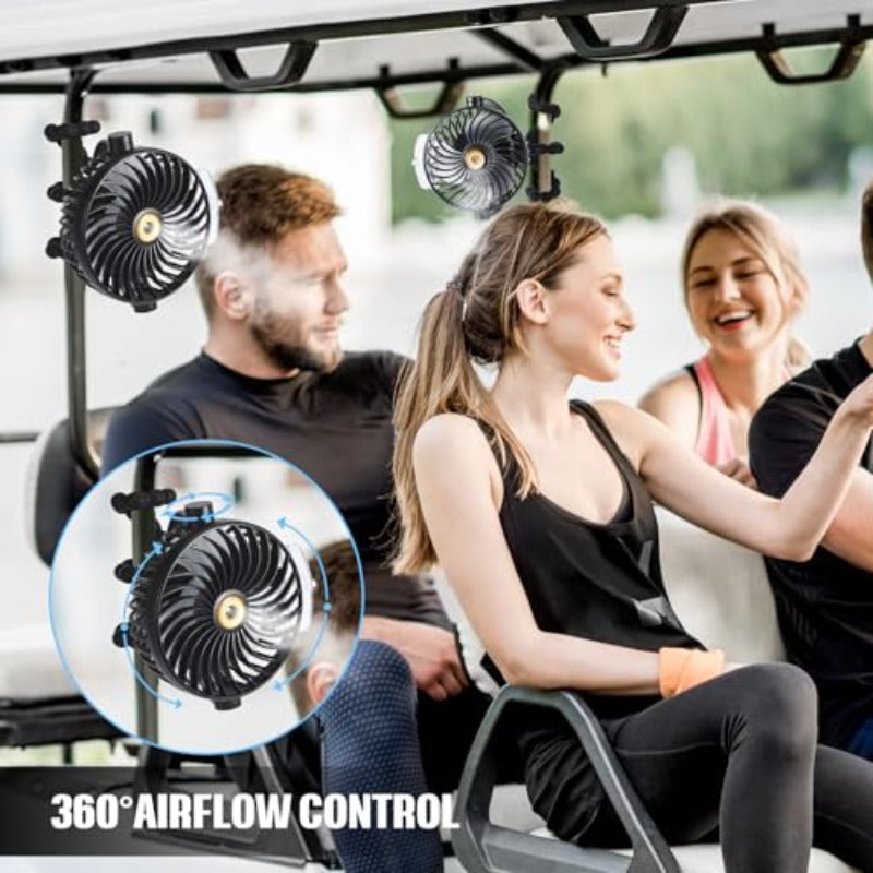 Golf Cart Fan with Mist Rechargeable Battery Operated Portable Fan with Flexible Tripod 360Pivot 5 Speeds 2400mAh 10Hrs Work Cooling for Treadmill Car Travel Work Beach Office Outdoor