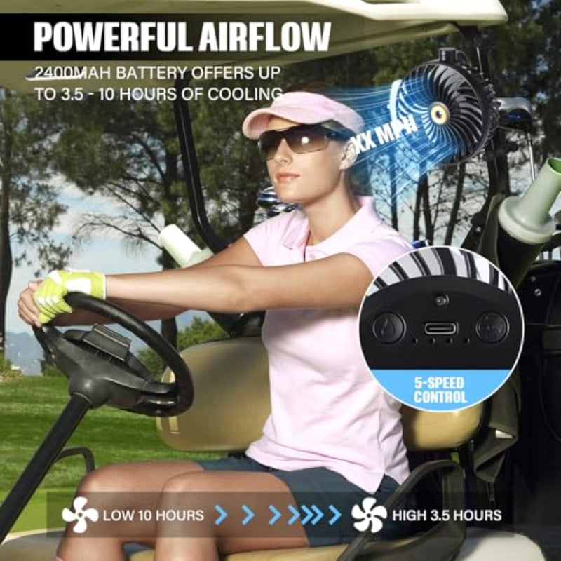 Golf Cart Fan with Mist Rechargeable Battery Operated Portable Fan with Flexible Tripod 360Pivot 5 Speeds 2400mAh 10Hrs Work Cooling for Treadmill Car Travel Work Beach Office Outdoor