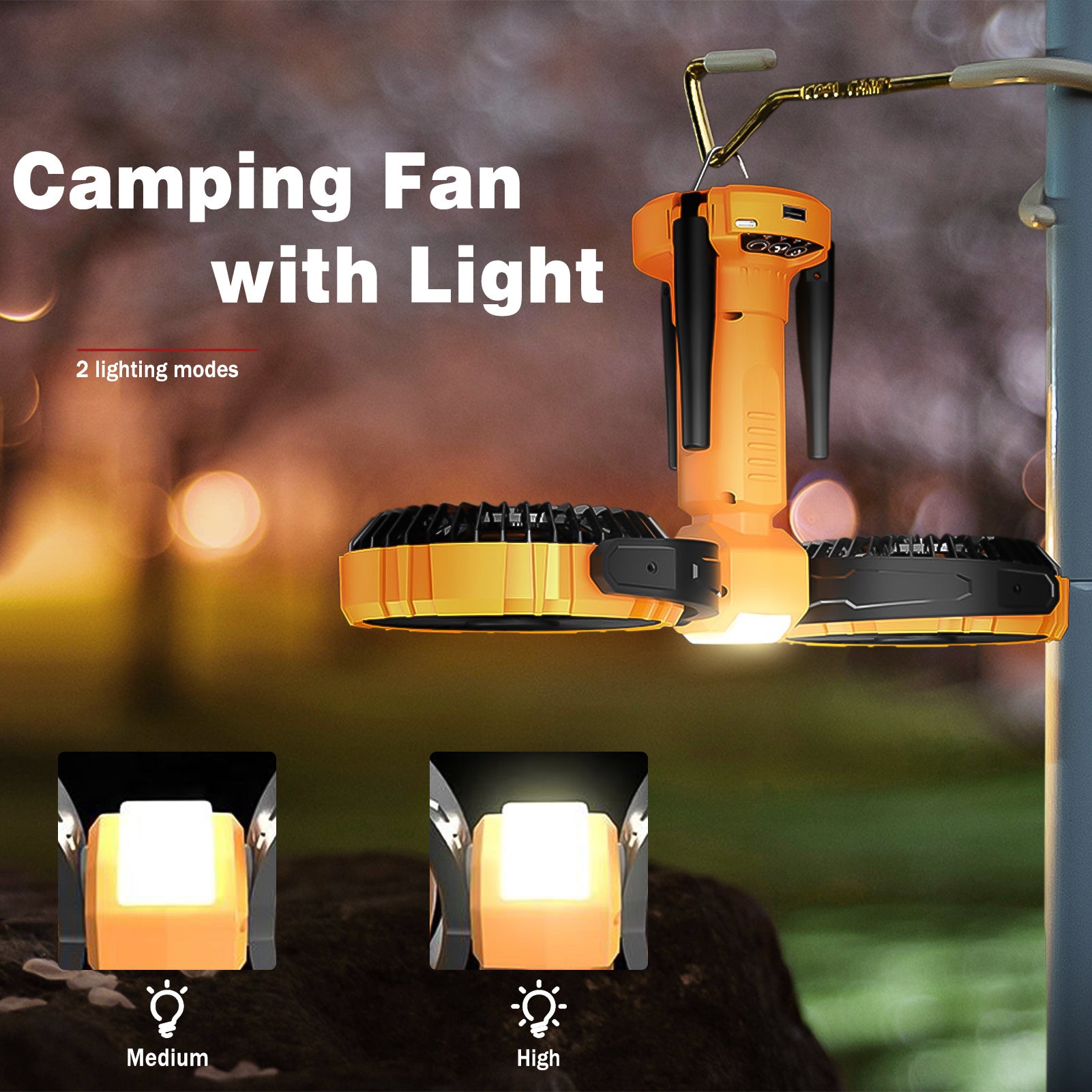 Dual Head Camping Fan with Light, USB Rechargeable Tent Hook Fan, 270° Oscillating 360° Rotation Portable Tripod Beach Fan for Camping, Fishing, Garden
