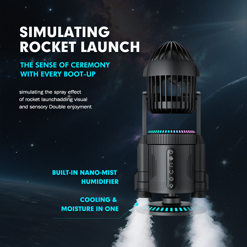 2025 Fan simulates rocket launch with mist function - 12 hours operation, silent, 360° rotation, dynamic LED effects, suitable for cooling in game rooms, homes, bedrooms and offices.