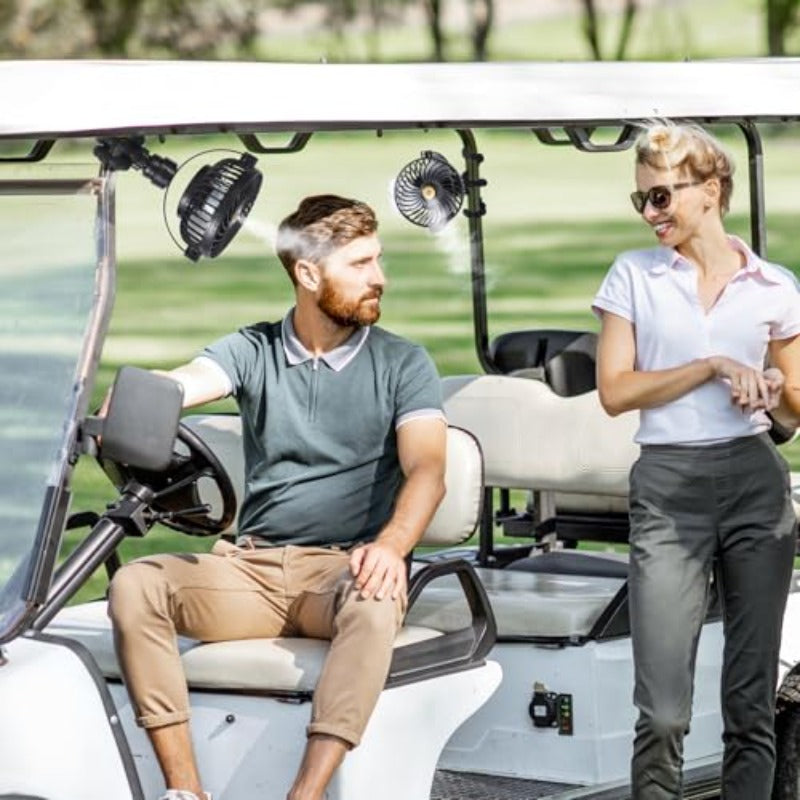 Golf Cart Fan with Mist Rechargeable Battery Operated Portable Fan with Flexible Tripod 360Pivot 5 Speeds 2400mAh 10Hrs Work Cooling for Treadmill Car Travel Work Beach Office Outdoor