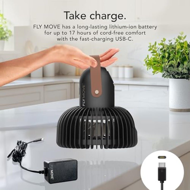 FLY MOVE Rechargeable Fan Handheld Up to 17 Hour Battery Power Life on Low 3 Speed Settings Minimal Footprint Small Portable Fan Powerful Airflow Travel Friendly USBC Charger Black