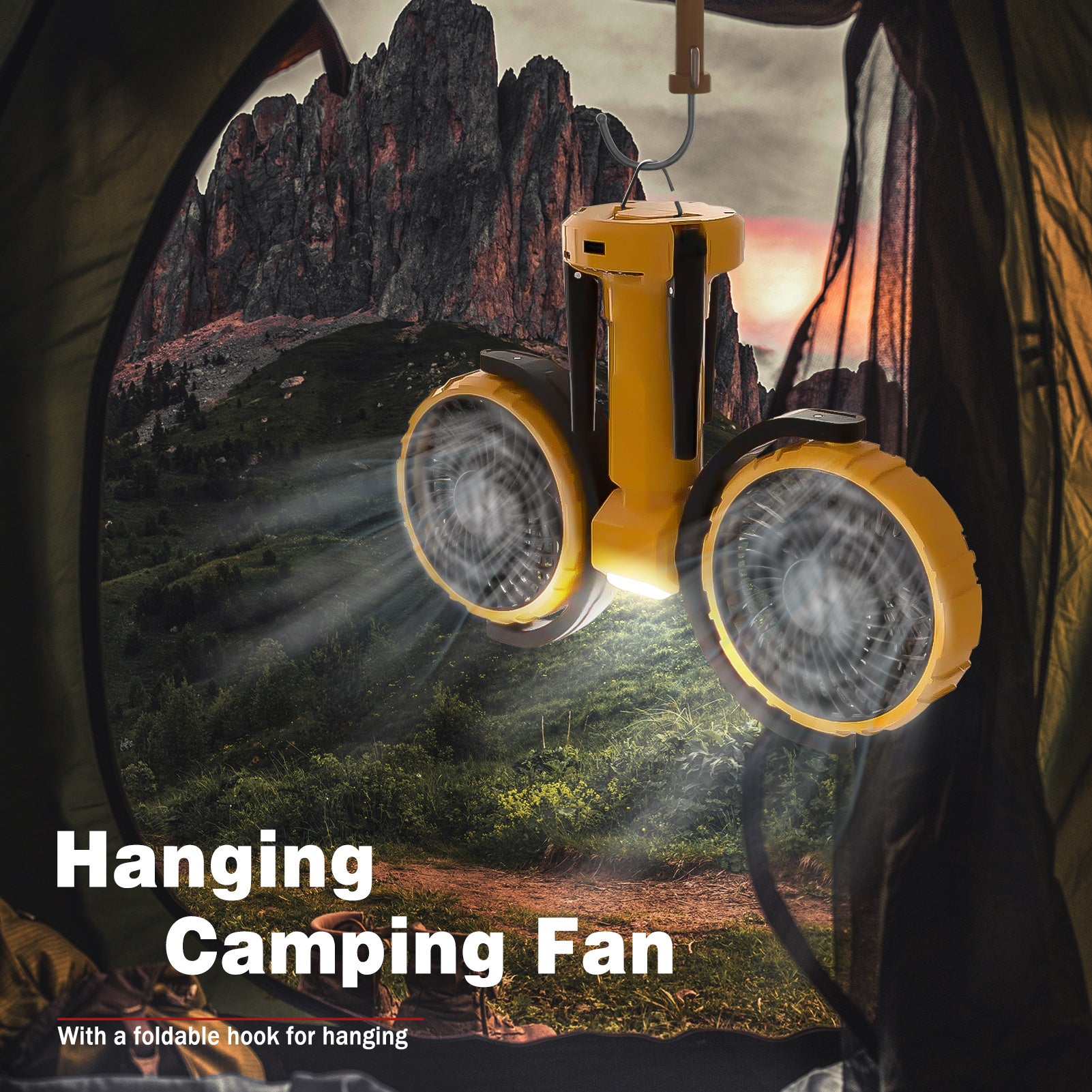 Dual Head Camping Fan with Light, USB Rechargeable Tent Hook Fan, 270° Oscillating 360° Rotation Portable Tripod Beach Fan for Camping, Fishing, Garden