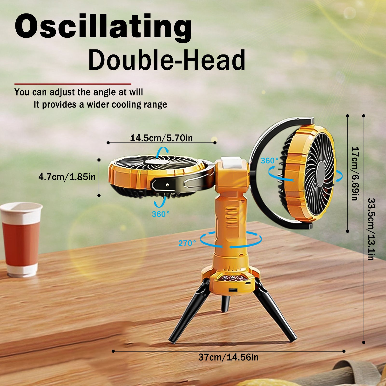Dual Head Camping Fan with Light, USB Rechargeable Tent Hook Fan, 270° Oscillating 360° Rotation Portable Tripod Beach Fan for Camping, Fishing, Garden