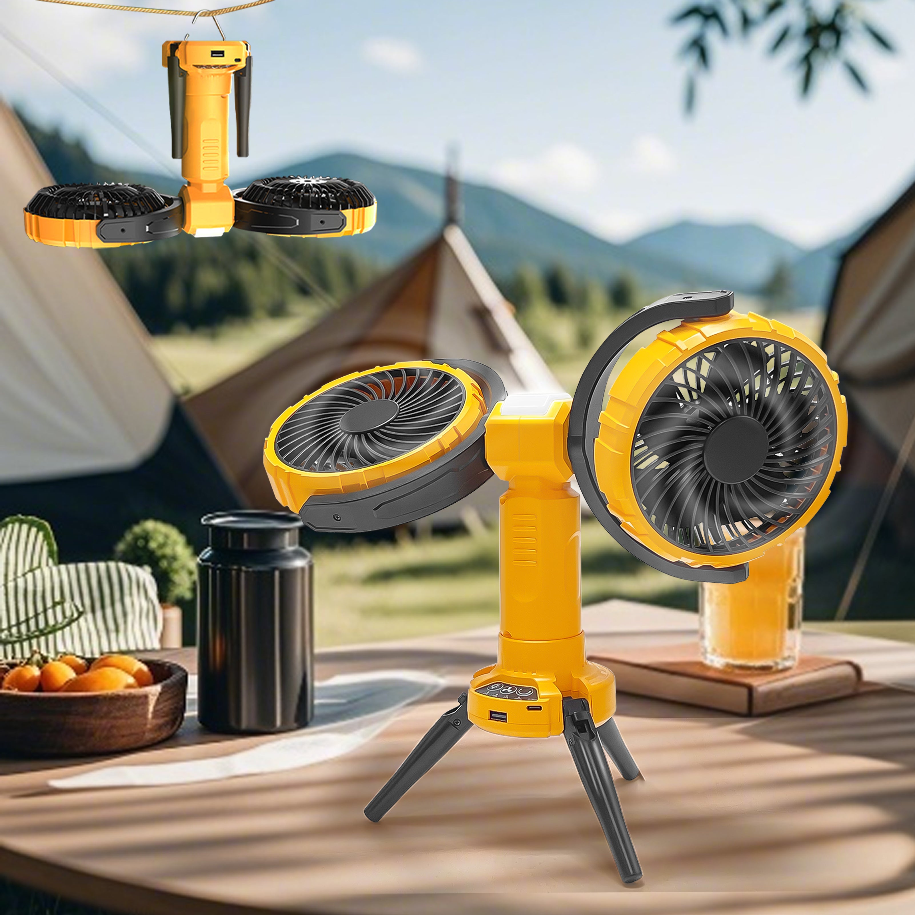 Dual Head Camping Fan with Light, USB Rechargeable Tent Hook Fan, 270° Oscillating 360° Rotation Portable Tripod Beach Fan for Camping, Fishing, Garden