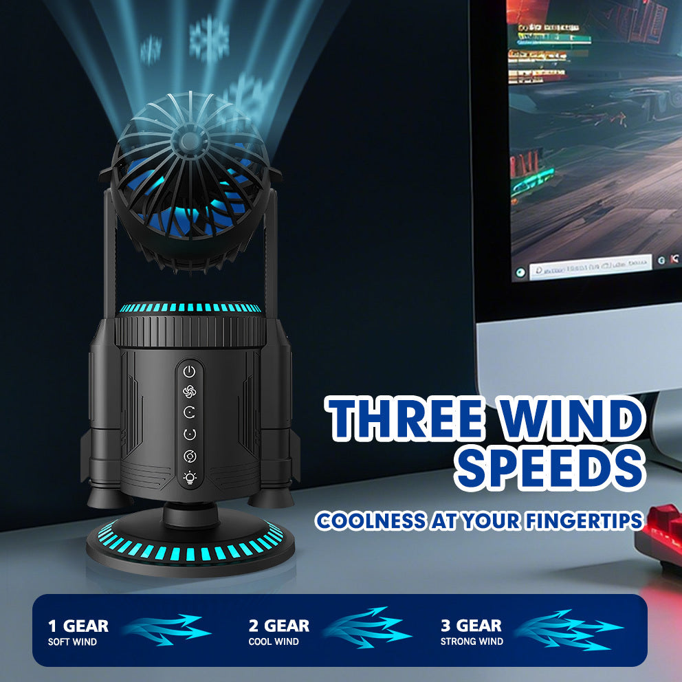 2025 Fan simulates rocket launch with mist function - 12 hours operation, silent, 360° rotation, dynamic LED effects, suitable for cooling in game rooms, homes, bedrooms and offices.