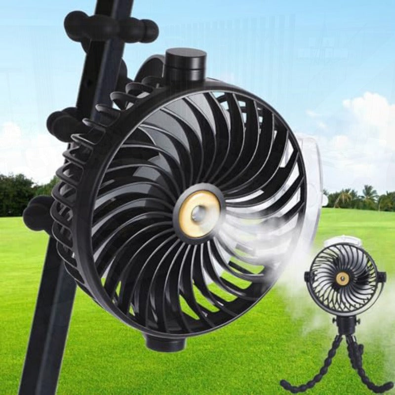 Golf Cart Fan with Mist Rechargeable Battery Operated Portable Fan with Flexible Tripod 360Pivot 5 Speeds 2400mAh 10Hrs Work Cooling for Treadmill Car Travel Work Beach Office Outdoor